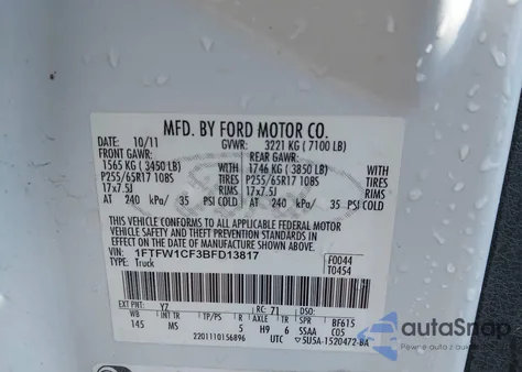 2011 Ford F-150 Xlt from USA, damaged, VIN 1FTFW1CF3BFD13817